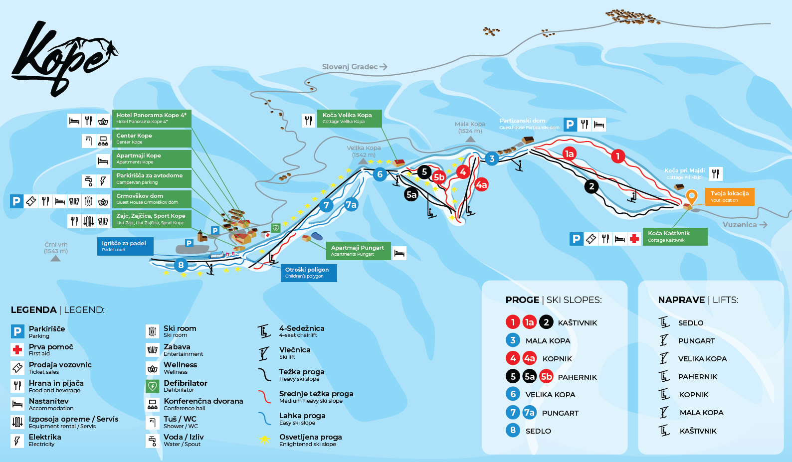 Panorama oz. zemljevid smučišča Kope.